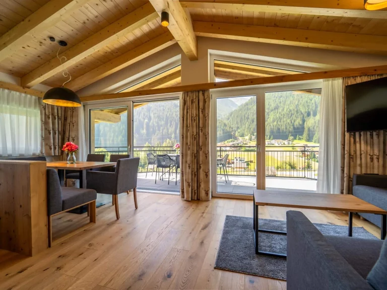 Wohnzimmer der TOP-4 Wohnung mit Blick auf die Berge
